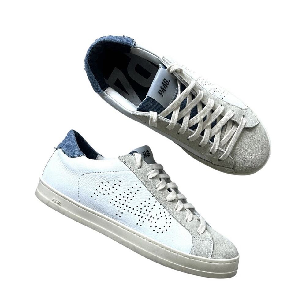 P448 John Denim Lace up Low Top Sneakers Women's White/Blue Round Toe Sz 38